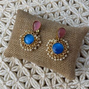 Gold Color Blue & Pink Costume Earrings